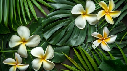 Obraz premium Tropical plumeria flowers and lush green foliage