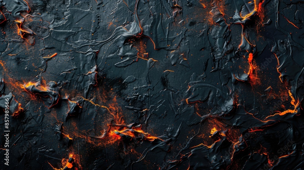 Poster abstract black fluid with orange glowing streaks and particles. digital artwork or abstract image of