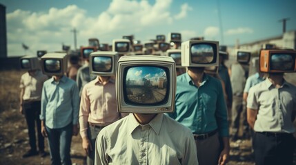 Contemporary art collage. Group of people with retro tv heads standing like zombie. Blind following, disinformation. Concept of censorship, mass media influence, information, fake news.