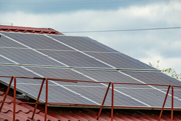 Photo collage of sunset and solar panel, photovoltaic