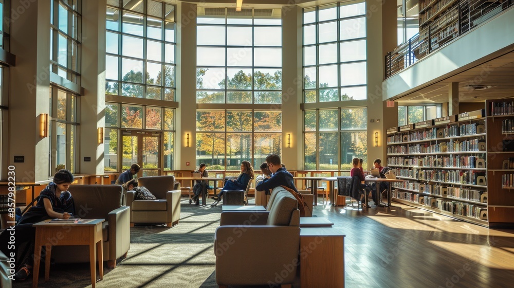 Poster background image of children reading a book at spacious public library with large windows and natura