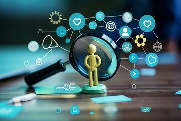 Concept of human resources and team management with magnifying glass, gears, and icons. HR and recruitment.