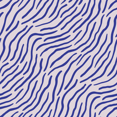 Wavy subtle hand drawn zebra seamless pattern. Organic elegant beige navy animal texture for fabric prints. Abstract aesthetic dynamic tiger striped background.