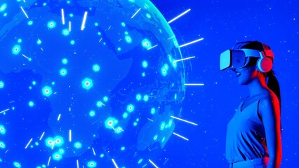 Woman using VR headset against digital signal point station network international world map background. Futuristic technology and global connectivity design 3D digital graphic concept. Hallucination.