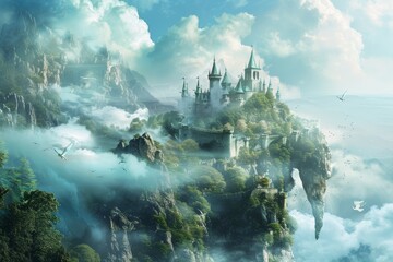 Fototapeta premium romantasy style enchanting illustration depicting fairytale castle on misty mountain, surrounded by whimsical creatures, blending elements of romance and fantasy in a dreamy landscape