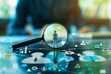 Concept of human resources and team management with magnifying glass, gears, and icons. HR and recruitment.