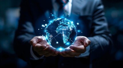 Fototapeta premium Businessman Holding Digital Globe Representing Global Connectivity