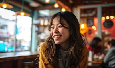 Smiling Asian Woman in Cafe, Generative AI
