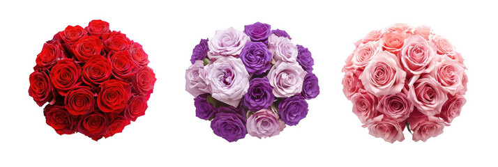 Fototapeta premium Three Bouquets of Red, Pink, and Purple Roses