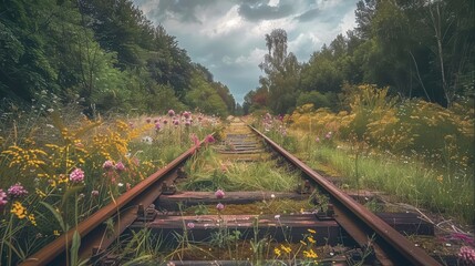 abandoned railroad track overgrown with colorful wildflowers old broken train decay and nature hdr photo
