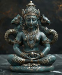 Obraz premium Ganesh statue, ancient Hindu deity, Asian art and culture, traditional Thai sculpture, religious decor, lion motif, intricate details, adorned in gold, Thailand temple architecture, stone craftsmanshi