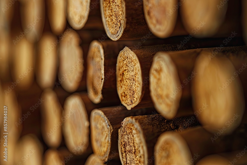 Poster a close up of wooden logs with a brownish color. the logs are stacked in a row and are of different 