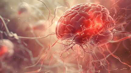 Close-Up of Human Brain with Red Neural Connections