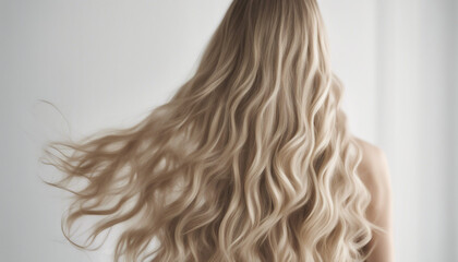 Naklejka premium long and wavy women's hair in blonde tones, back view, hair advertising shoot, isolated white background 