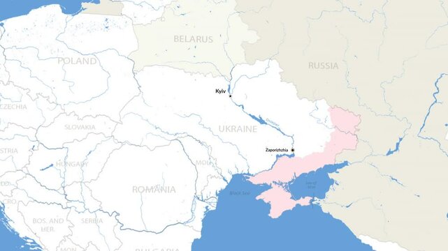 Engaging animated map showing Ukraine's conflict zones, highlighting Zaporizhzhia city, Russia's aggressive war campaign.