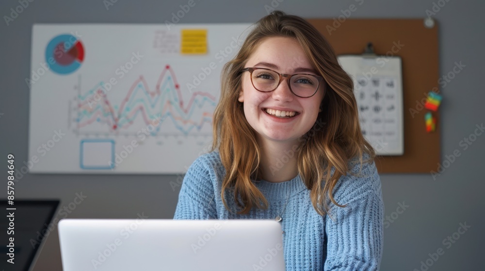 Sticker woman with laptop in office