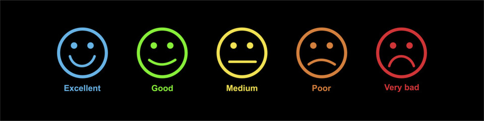 Emotion feedback vector concept. Rank, level of satisfaction rating. Excellent, good, normal, bad, very bad. Icon set illustration