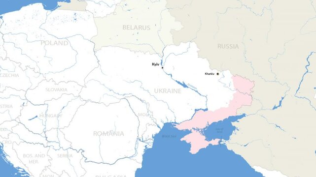Dynamic political map of Ukraine highlighting eastern conflict zones, Russian aggression and Kharkiv city in motion, illustrating war impacts and changes