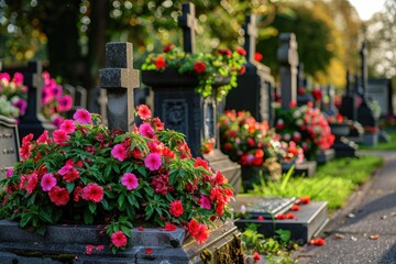 Fototapeta premium A cemetery with a row of graves and a row of flowers. The flowers are pink and are in vases