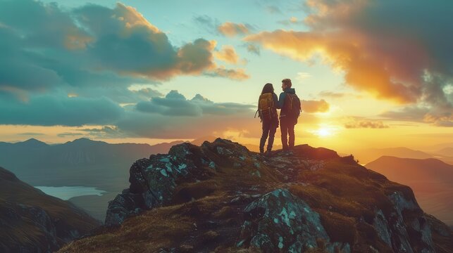 adventurous couple hiking on mountain peak at breathtaking sunset lifestyle photography