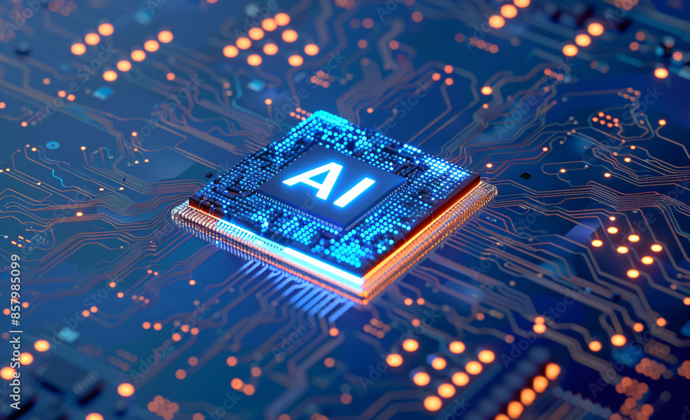 Poster 3d render of a chip with a glowing brain on a circuit board, with the text 
