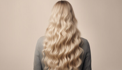 Naklejka premium long, wavy, women's, hair, blonde, tones, back, view, advertising, shoot, isolated, white, background, flowing, glossy, luxurious, radiant, silky, soft, voluminous, elegant, stylish, beauty, hairstyle