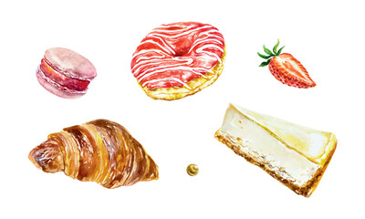Cakes set watercolor. Donut, croissant, macaron, cheesecake. Vector illustration. For cafe, bakery, confectionery menu design, birthday cards, invitations, large banners.