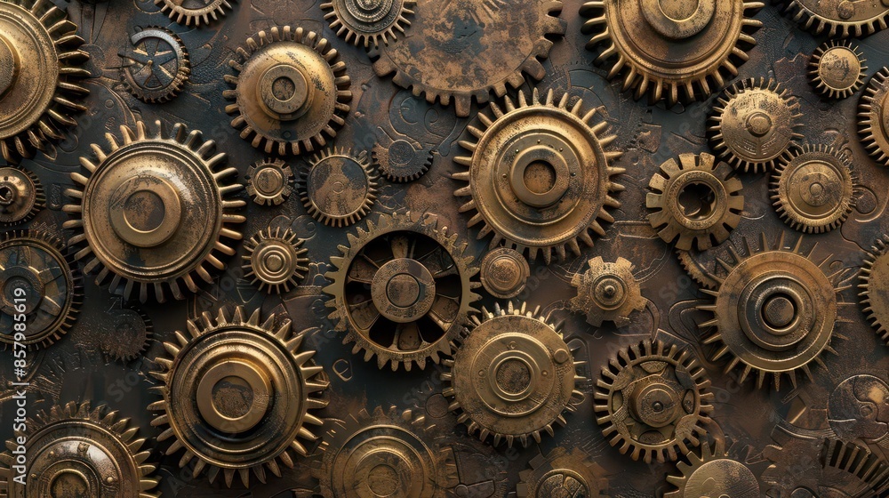 Poster antique brass gears and cogs arranged in an intricate pattern isolated on textured background 3d ill