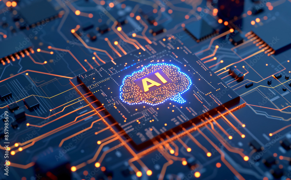 Poster 3d render of a chip with a glowing brain on a circuit board, with the text 