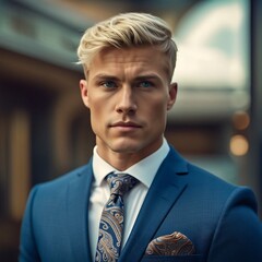 Fototapeta premium Young handsome Business man. Amazing male personality with suite photography. generative AI.