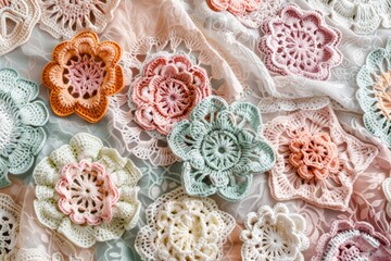 artistry of dreamy crochet showcasing intricate floral patterns, delicate stitches, capturing beauty and craftsmanship of handmade crocheting creations in a soft pastel color palette