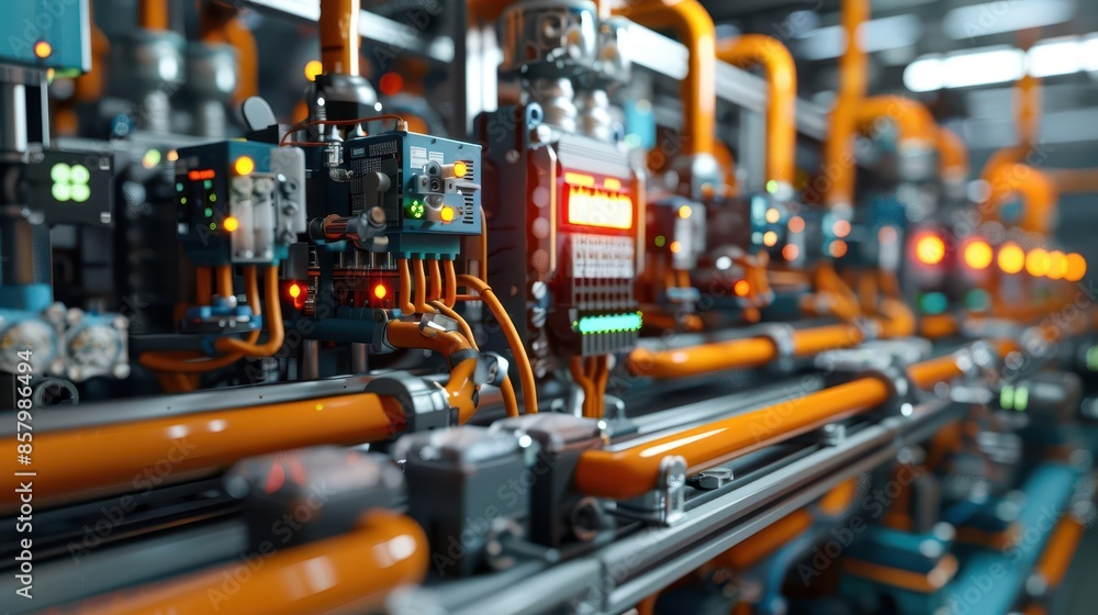 Aufkleber automated industrial machinery controlled by programmable logic controller 3d illustration