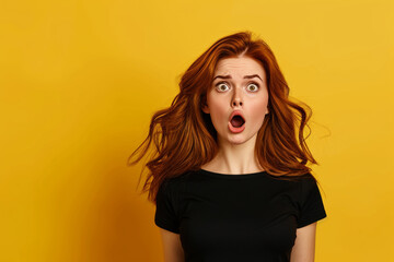 Shocked young woman with flowing hair against yellow background