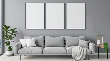 blank picture frame mockup in modern living room interior wall poster display 3d rendering