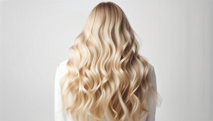Naklejka premium long, wavy, women's, hair, blonde, tones, back, view, advertising, shoot, isolated, white, background, flowing, glossy, luxurious, radiant, silky, soft, voluminous, elegant, stylish, beauty, hairstyle
