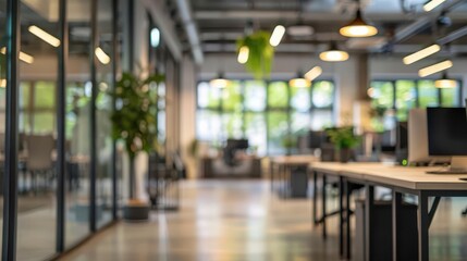 Fototapeta premium blurred modern open office interior background contemporary workplace design architecture photography