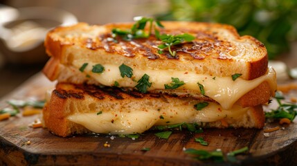 Delicious Grilled Cheese Sandwich with Herbs and Seasonings on Wooden Board