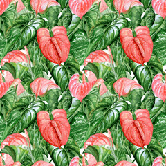 Wrapping Paper with tropical greenery and red flowers of Anthurium