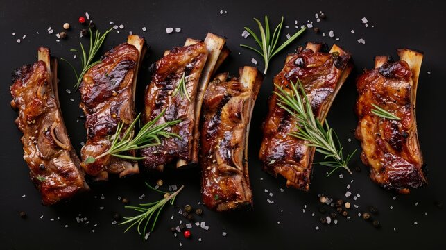 Photography of barbecue ribs, appetizing and fresh, in a studio, studio lighting, Canon EOS R5, aerial view