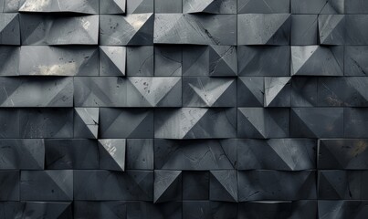 Fototapeta premium Polished, Semigloss Wall background with tiles. Triangular, tile Wallpaper with 3D, Black blocks. 3D Render
