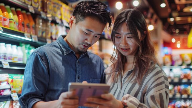 Couple Using Tablet in Grocery Store