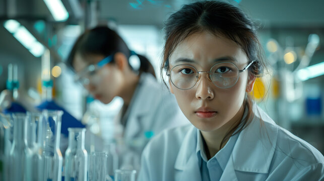Asian woman sientist look at the camera very serious