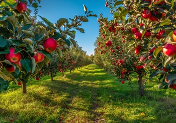 Apple orchard in autumn green grass, beautiful scenery, green nature