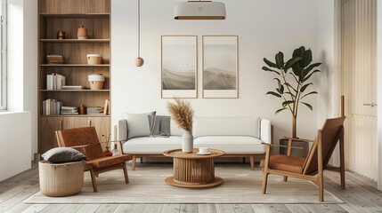 classic scandinavian midcentury modern living room with wood and leather chairs 3d rendering