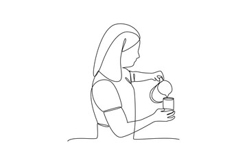 One continuous line drawing of young mother is making coffee for her husband. Mother daily activity concept. Dynamic single line draw graphic design vector illustration