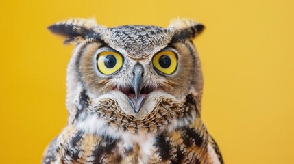 Fototapeta premium closeup portrait of surprised owl yellow background wildlife animal expression photography