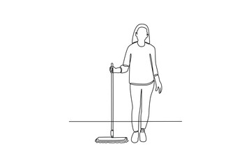 One continuous line drawing of young mother is cleaning the house using a broom. Mother daily activity concept. Dynamic single line draw graphic design vector illustration