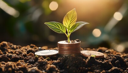 A close-up shot of a green plant sprouting from a stack of coins, symbolizing financial growth investment and success