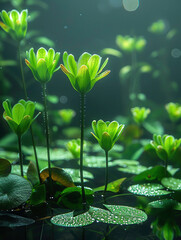 Ethereal close-up of vibrant green water lilies in bloom, surrounded by reflective water and beam of light in a tranquil setting.