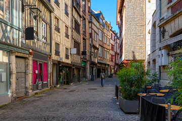Cozy street with timber framing houses in Rouen, Normandy, France. Architecture and landmarks of Rouen. Cozy cityscape of Rouen